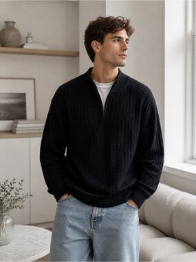 Men’s Black Quarter Zip Sweater Textured Knit Pullover • Classic & Cozy